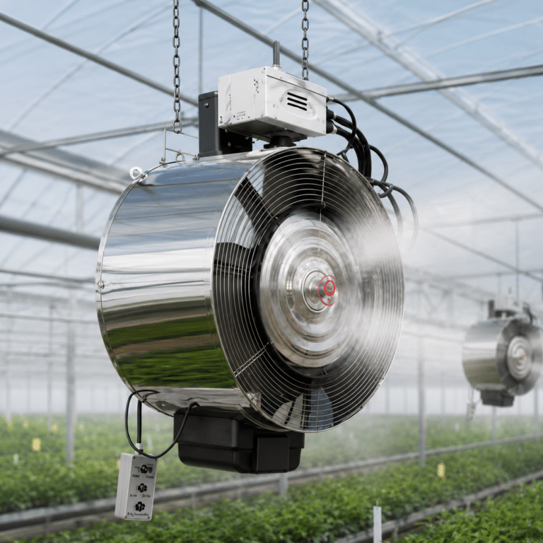 מאוורר מערפל תלוי מנירוסטה בחממה מעל שורות שתילים ירוקים