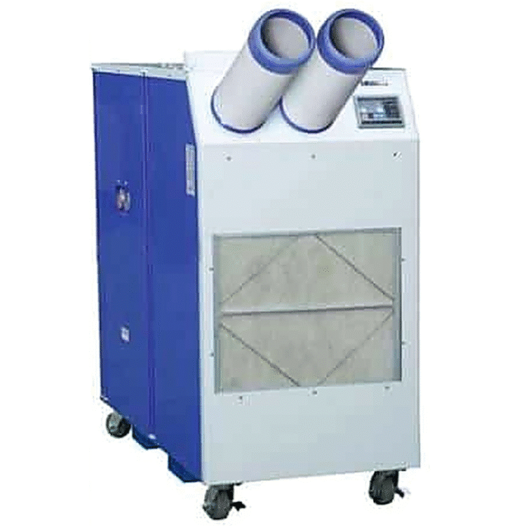 מזגן נייד HSC5000, גוף לבן וצד כחול, שתי תעלות ופנל מסנן