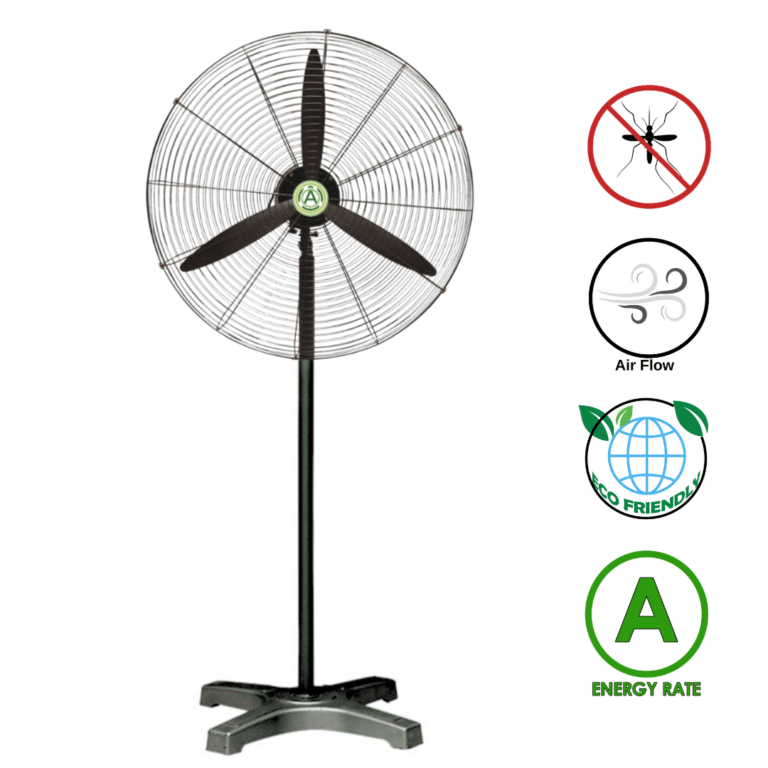 מאוורר סטנד על בסיס צלב לצד סמלי Air Flow ודירוג אנרגטי A