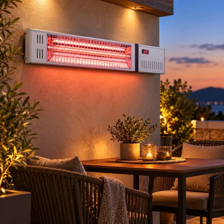 תנור אינפרא אדום ANIA ZHQ1592-TRMM בהספק 1500W, מחמם חשמלי כסוף צמוד קיר עם גוף חימום הלוגן זוהר ושלט רחוק, מותקן מעל פינת ישיבה במרפסת חיצונית מעוצבת בשעת שקיעה.