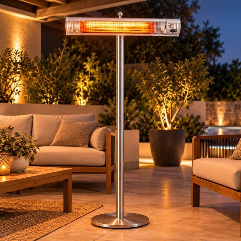 תנור אינפרא אדום עומד ANIA 2080 בהספק 2000W, מחמם חשמלי מנירוסטה עם גוף חימום הלוגן זוהר, לחימום פינת ישיבה במרפסת חיצונית מעוצבת בשעות הערב.