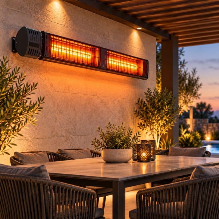 תנור אינפרא אדום ANIA IRAS PLUS בהספק 3000W, מחמם חשמלי צמוד קיר עם שני גופי חימום זוהרים, לחימום פינת ישיבה במרפסת מקורה ויוקרתית.