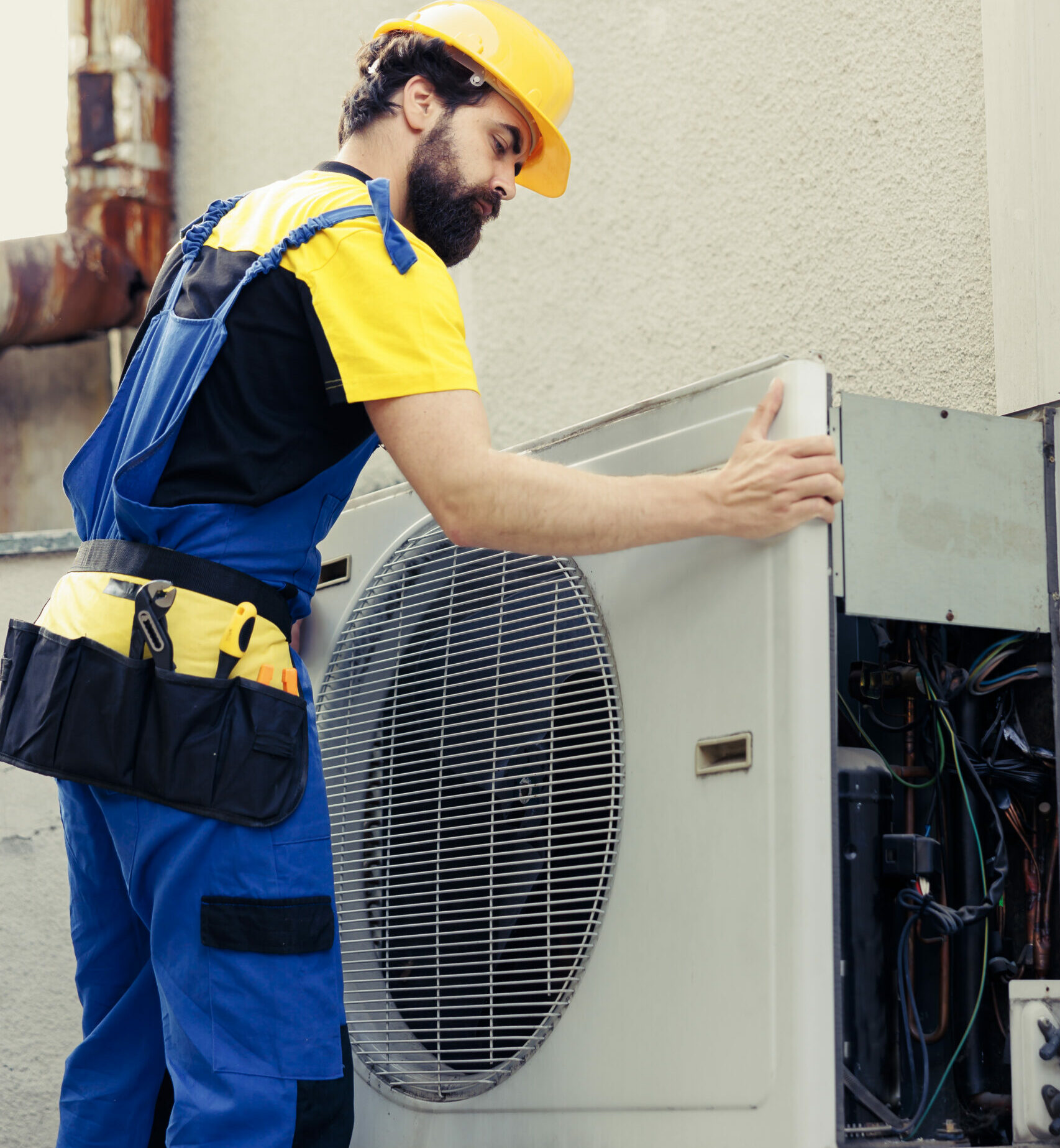 certified technician contracted fix broken air conditioner dismantling condenser front coil panel check faulty internal components electrician opening hvac system check improper wiring scaled e1715329977326