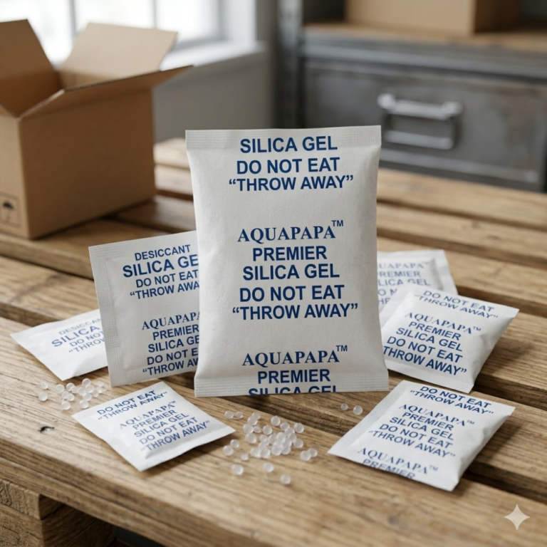 שקיות AQUAPAPA Premier Silica Gel וגרגרי סיליקה על שולחן עץ