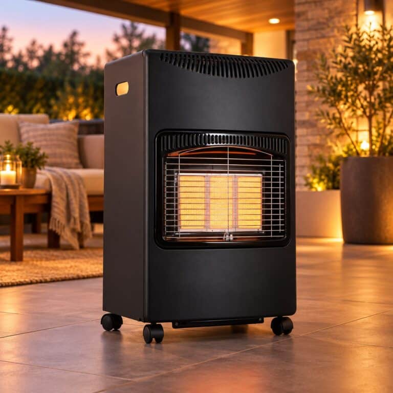 תנור חימום גז נייד ANIA JHL W4200 בהספק 4.2 קילוואט, עם 3 מצבי חימום, לוחות חימום אינפרא אדום וגלגלים, מוצב במרפסת מקורה ומעוצבת באווירה חורפית חמימה.