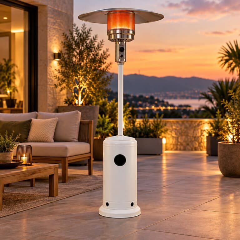 פטריית חימום גז לבנה ANIA Gas Patio Heater FSD בהספק של עד 11.3 קילוואט, עם רפלקטור נירוסטה רחב ומבער גז זוהר, מוצבת במרפסת חיצונית יוקרתית בשעת שקיעה, לצד פינת ישיבה מעוצבת.