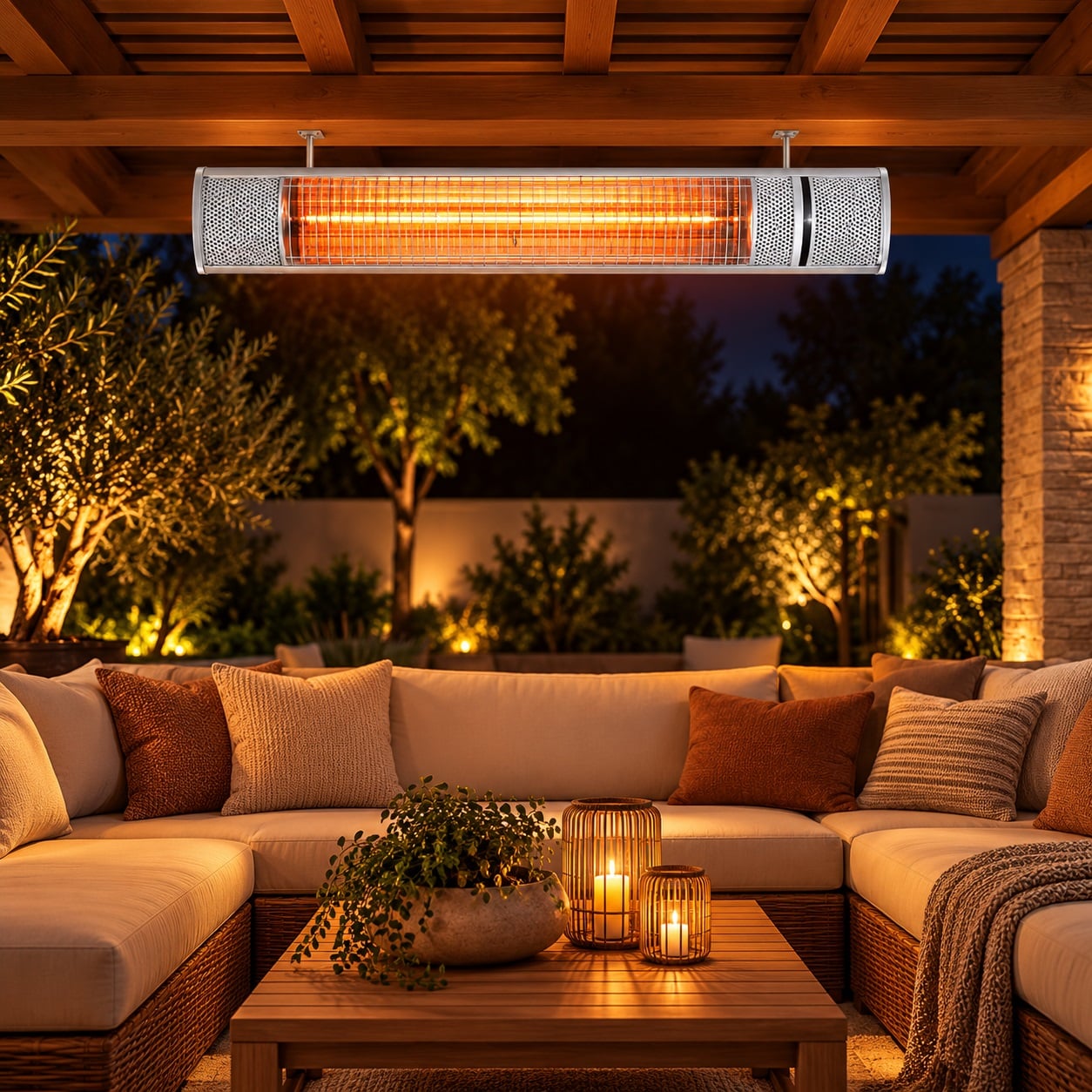 תנור אינפרא אדום תלוי ANIA בהספק 2000W, מחמם חשמלי עם גוף חימום זוהר המותקן תחת פרגולת עץ מעל פינת ישיבה חיצונית מעוצבת.