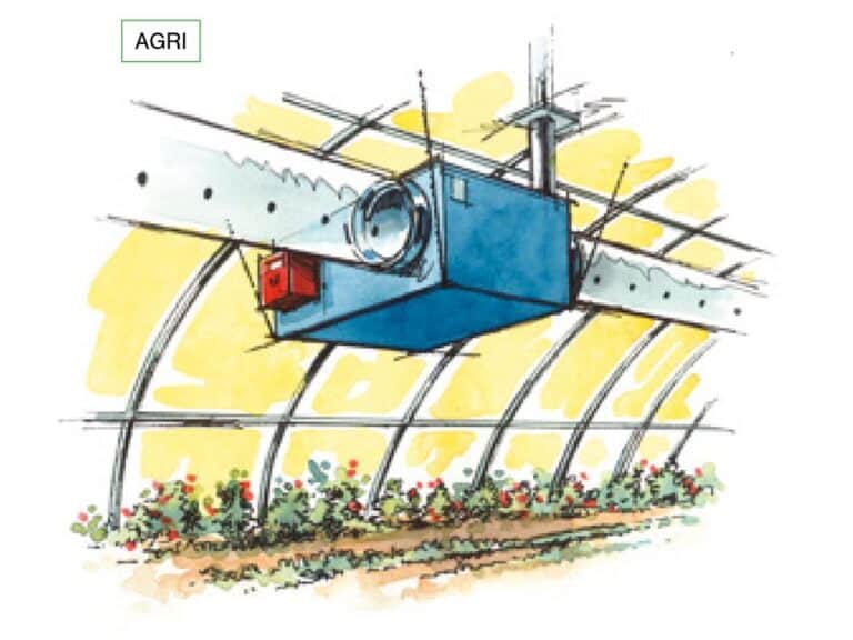 יחידת AGRI תלויה בחממה מעל ערוגות עם תעלות מחוררות
