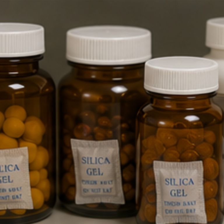 שקיות SILICA GEL לצד בקבוקוני זכוכית כהים עם טבליות